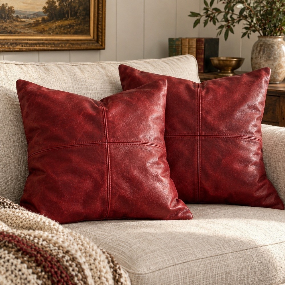 2 Red Genuine Leather Square Pillow Covers 17x17 Oxblood Moody Luxe Western